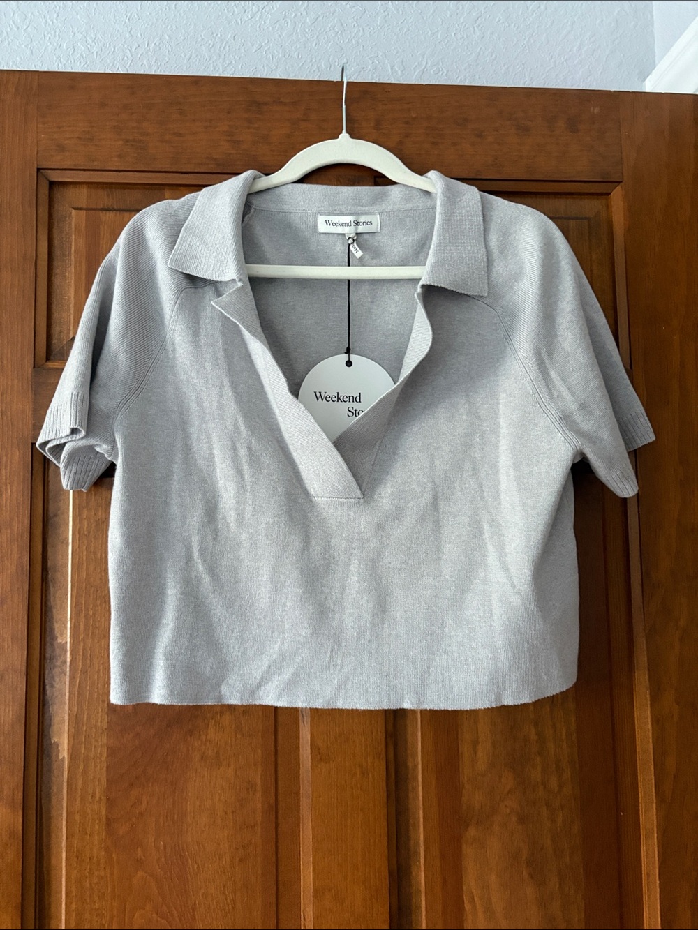 Weekend Stories Cropped Knit Polo in Light Gray